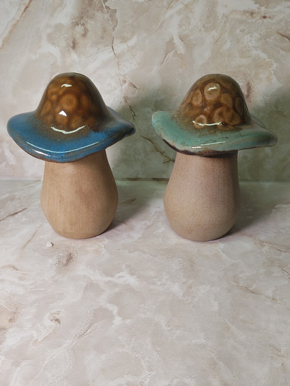 2 Adorable Little Drip Glaze Mushroom Sculptures Ceramic Pottery 4.5"